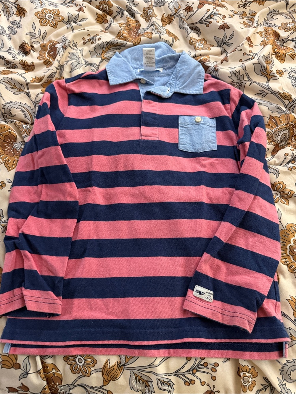 Kids Pink & Navy Stripe Long-Sleeve Rugby Shirt with Light Blue Collar